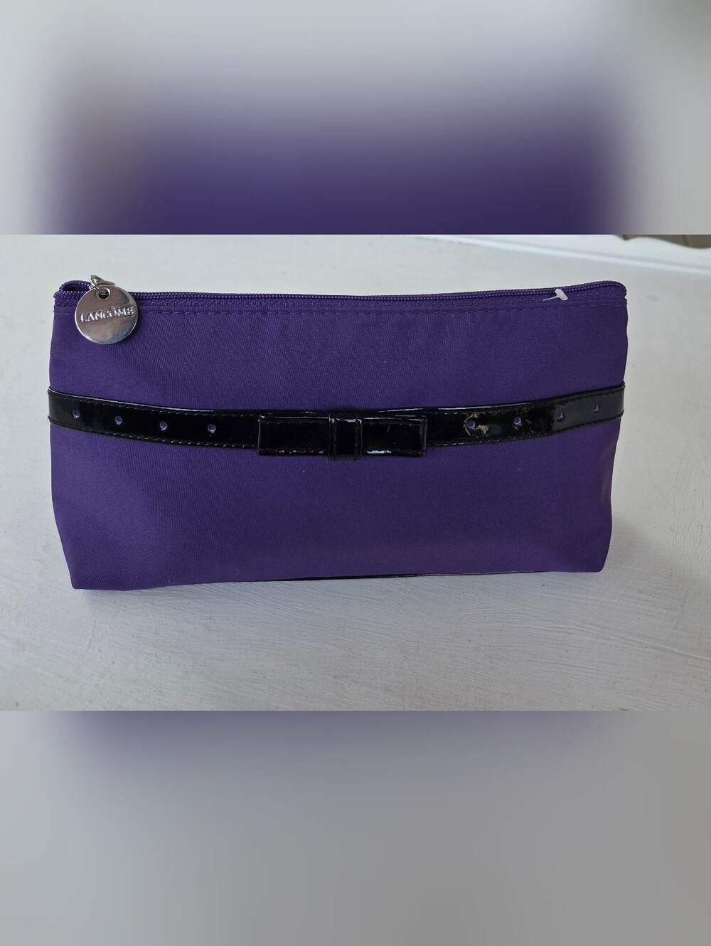 Lancome Purple Cosmetic Pouch with Black Patent Bow Trim